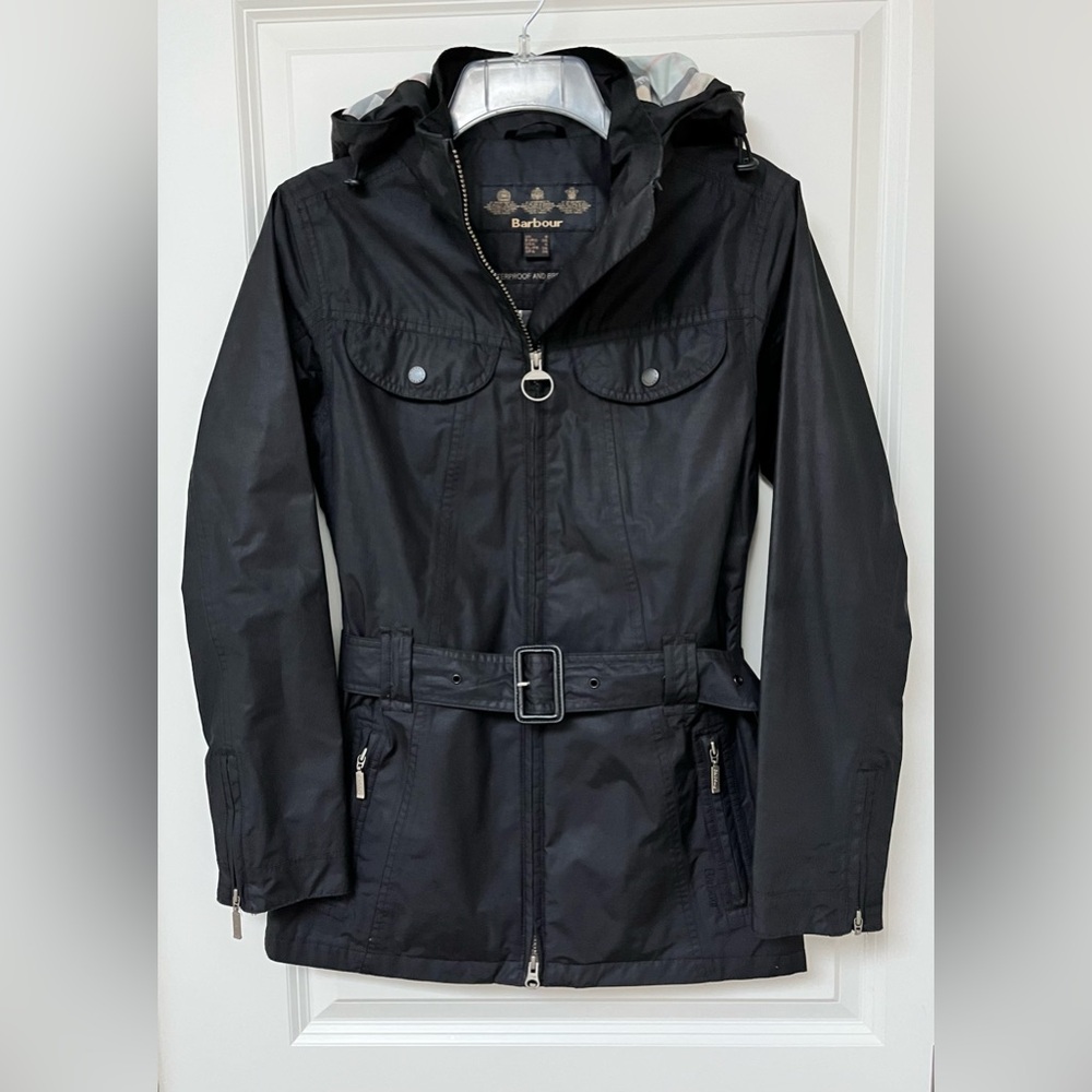 Barbour Women’s Black Utility Waterproof Jacket with Belted Waist US 4